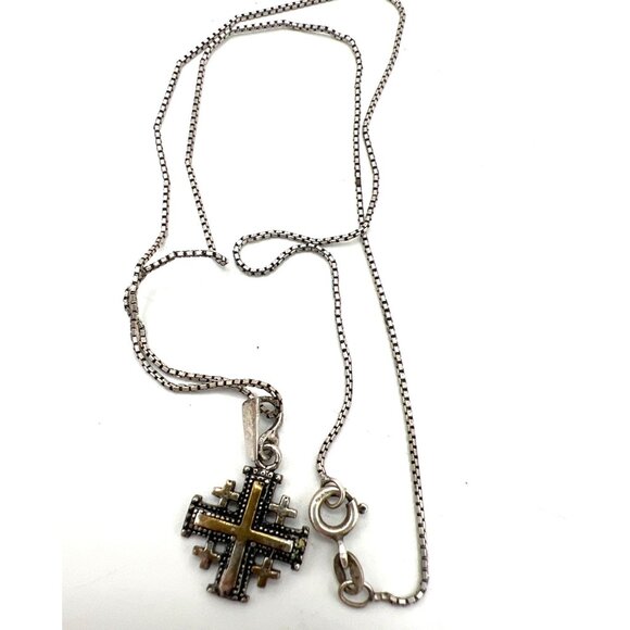 Jerusalem Silver Crusaders Five Cross Pendant Necklace 925 Box Chain 18" Vintage - Picture 1 of 6